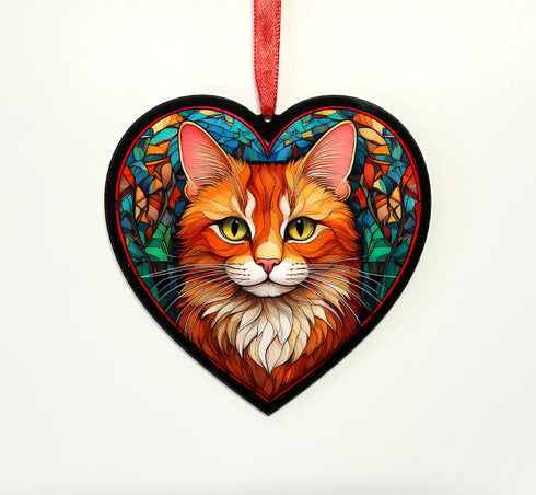 Ginger Cat Stained Glass Effect Heart Suncatcher